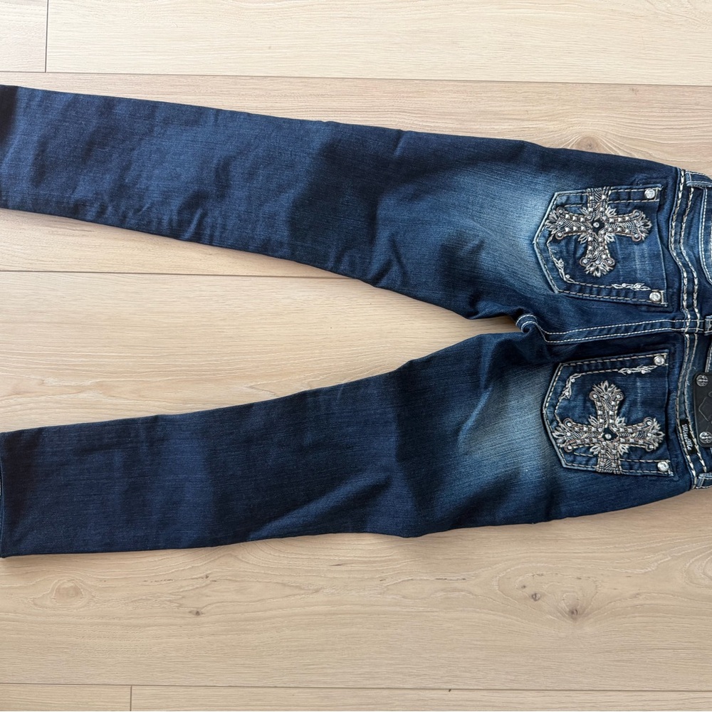 Miss Me Dark Blue Skinny Jeans with Embellished Pockets